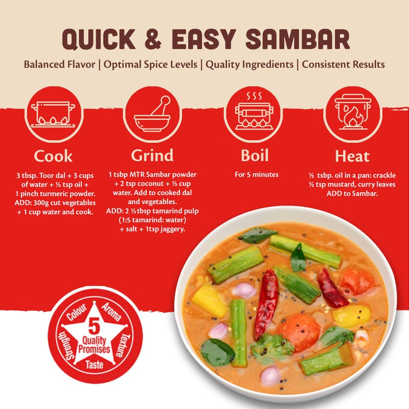 MTR Sambar Ready Mix - Authentic Indian Curry Powder Blend of Turmeric, Red Chili, Fenugreek & Asafoetida - Great Aroma & Flavor - Perfect for Flavorful Sambar Broth - 200g - Image 5